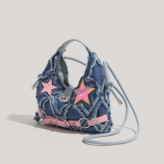 Trendy Denim Crescent Bag - Distressed Star Punk Style Crossbody Handbag - Chic Small Hobo Bag for Women - V888-ELOSUNG18414