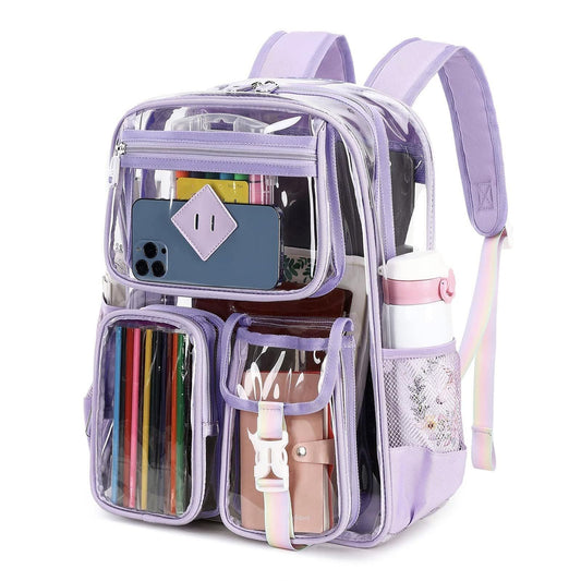 Heavy Duty Clear Transparent Backpack with Purple - Large Capacity PVC Bookbag for School, Stadium, and Gym - V888-ELOSUNG18417