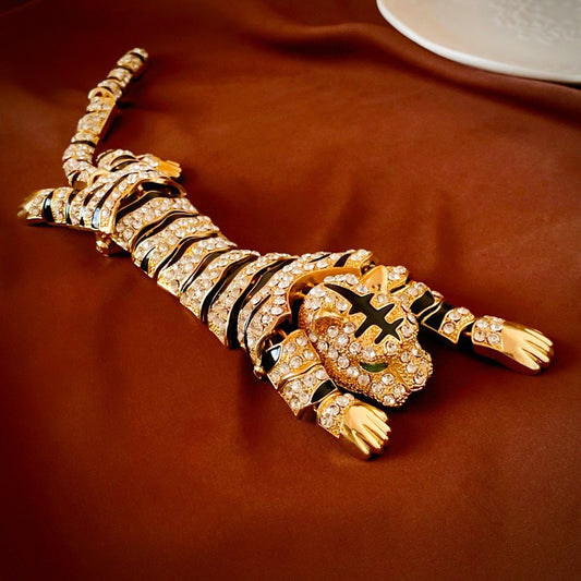 Luxury Vintage Large Tiger Brooch - 10-Inch Pouncing Wild Cat Pin with Sparkling Crystal Rhinestones and V888-ELOSUNG18420