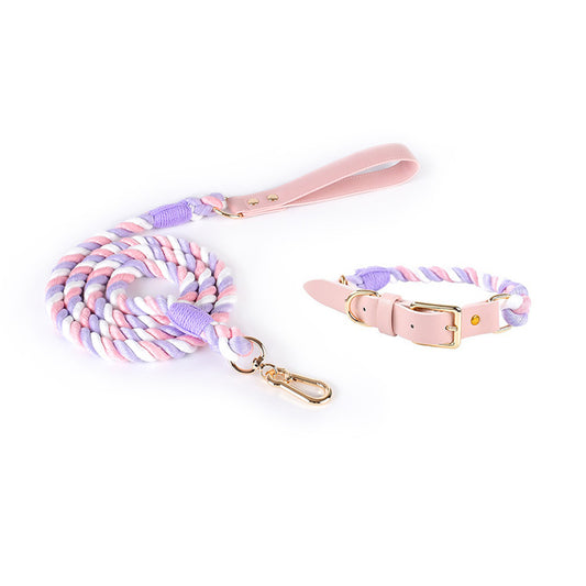 pink+purple Hand-Woven Rainbow Cotton Rope Dog Leash and Collar Set - Adjustable Veg-Tanned Leather Trim with V888-ELOSUNG18431
