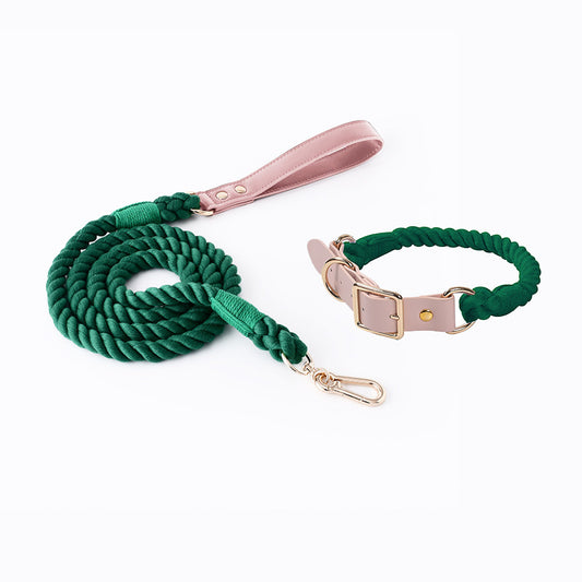 Dark Green Hand-Woven Rainbow Cotton Rope Dog Leash and Collar Set - Adjustable Veg-Tanned Leather Trim with V888-ELOSUNG18446