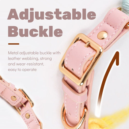 Dark Green Hand-Woven Rainbow Cotton Rope Dog Leash and Collar Set - Adjustable Veg-Tanned Leather Trim with V888-ELOSUNG18446