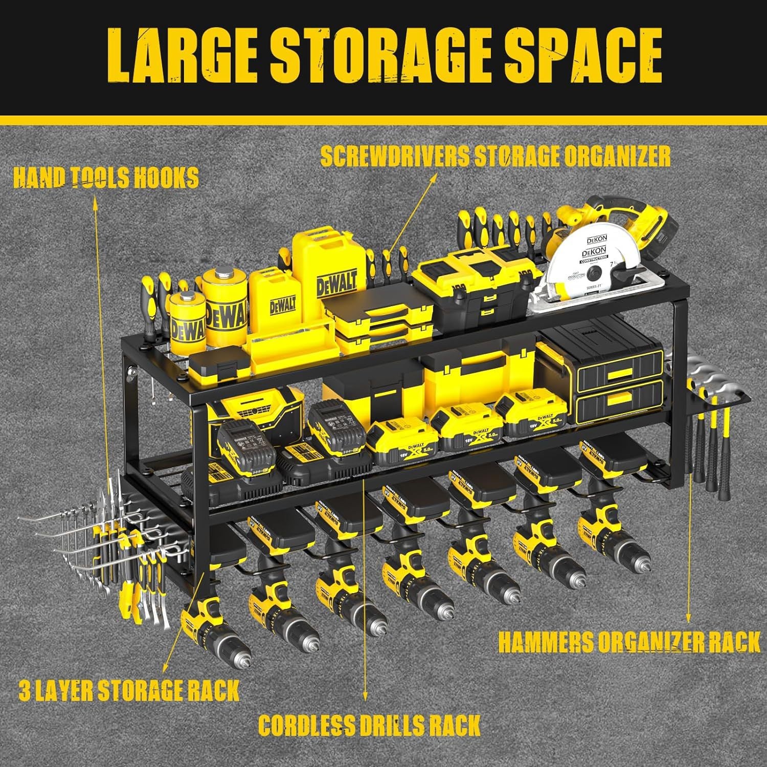 Heavy Duty Power Tool Organizer Wall Mount - 3-Tier Garage Storage Rack with Drill Holder, Screwdriver and V888-ELOSUNG18460