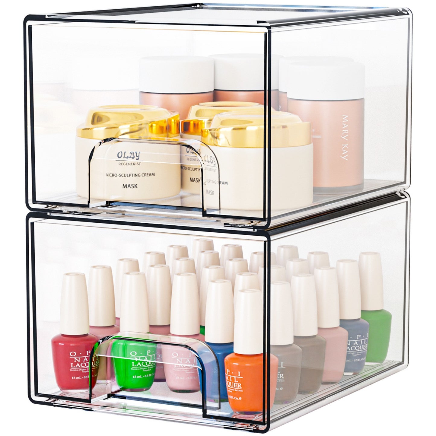 2-Pack Stackable PET Clear Makeup Organizer Drawers - Multi-Purpose Desktop Storage Case for Cosmetics, V888-ELOSUNG18469