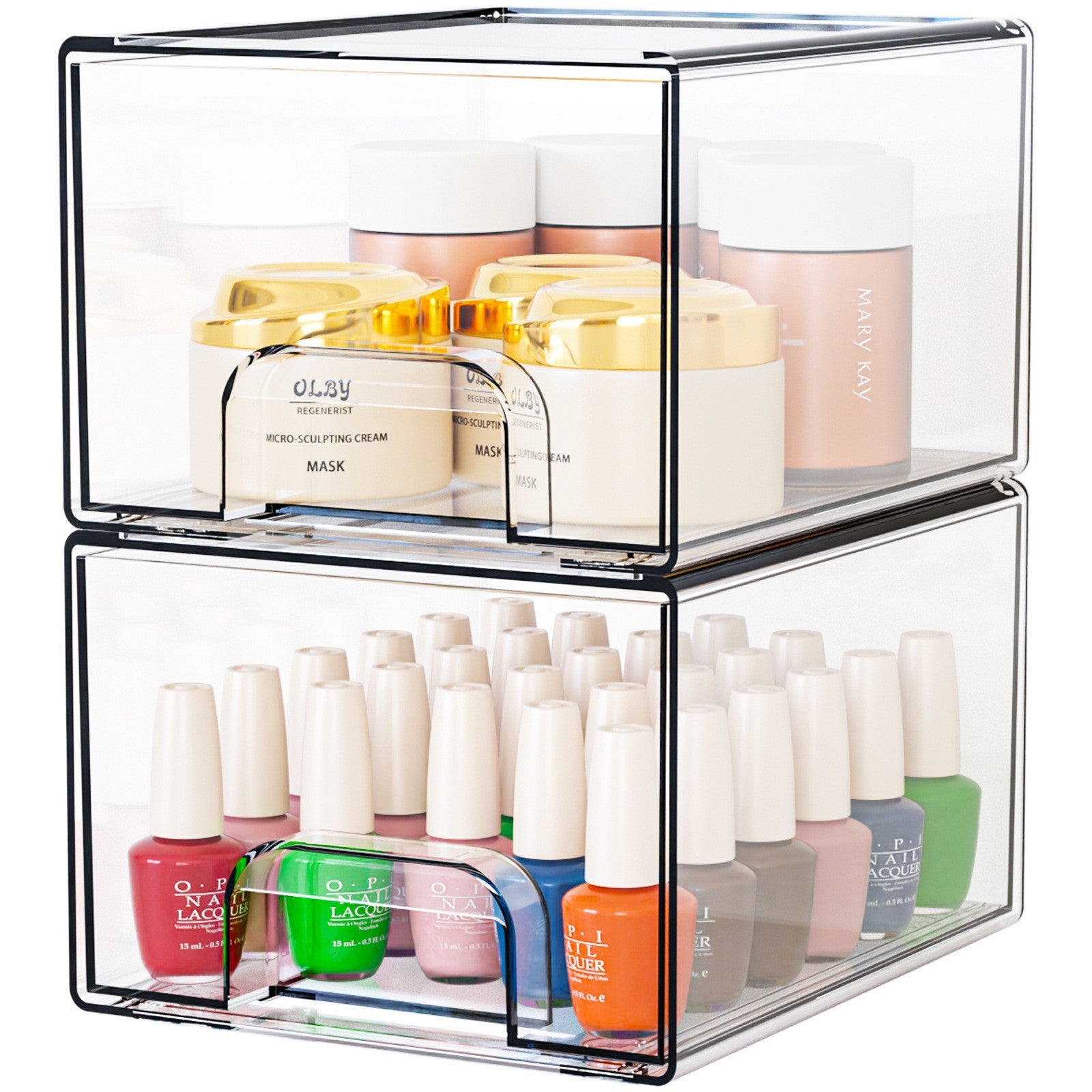 2-Pack Stackable PET Clear Makeup Organizer Drawers - Multi-Purpose Desktop Storage Case for Cosmetics, V888-ELOSUNG18469