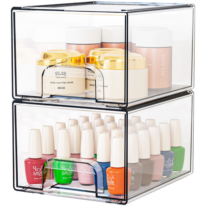 2-Pack Stackable PET Clear Makeup Organizer Drawers - Multi-Purpose Desktop Storage Case for Cosmetics, V888-ELOSUNG18469
