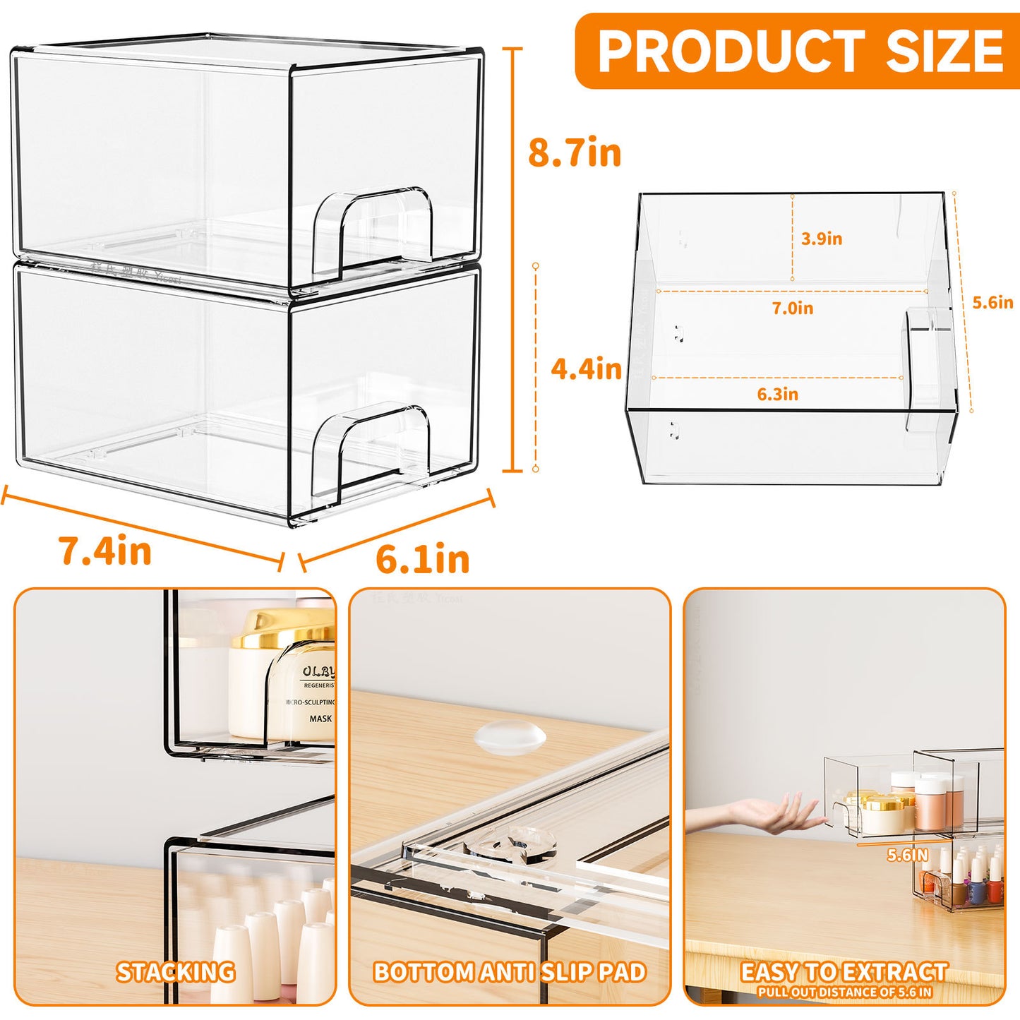 2-Pack Stackable PET Clear Makeup Organizer Drawers - Multi-Purpose Desktop Storage Case for Cosmetics, V888-ELOSUNG18469