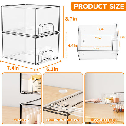 2-Pack Stackable PET Clear Makeup Organizer Drawers - Multi-Purpose Desktop Storage Case for Cosmetics, V888-ELOSUNG18469