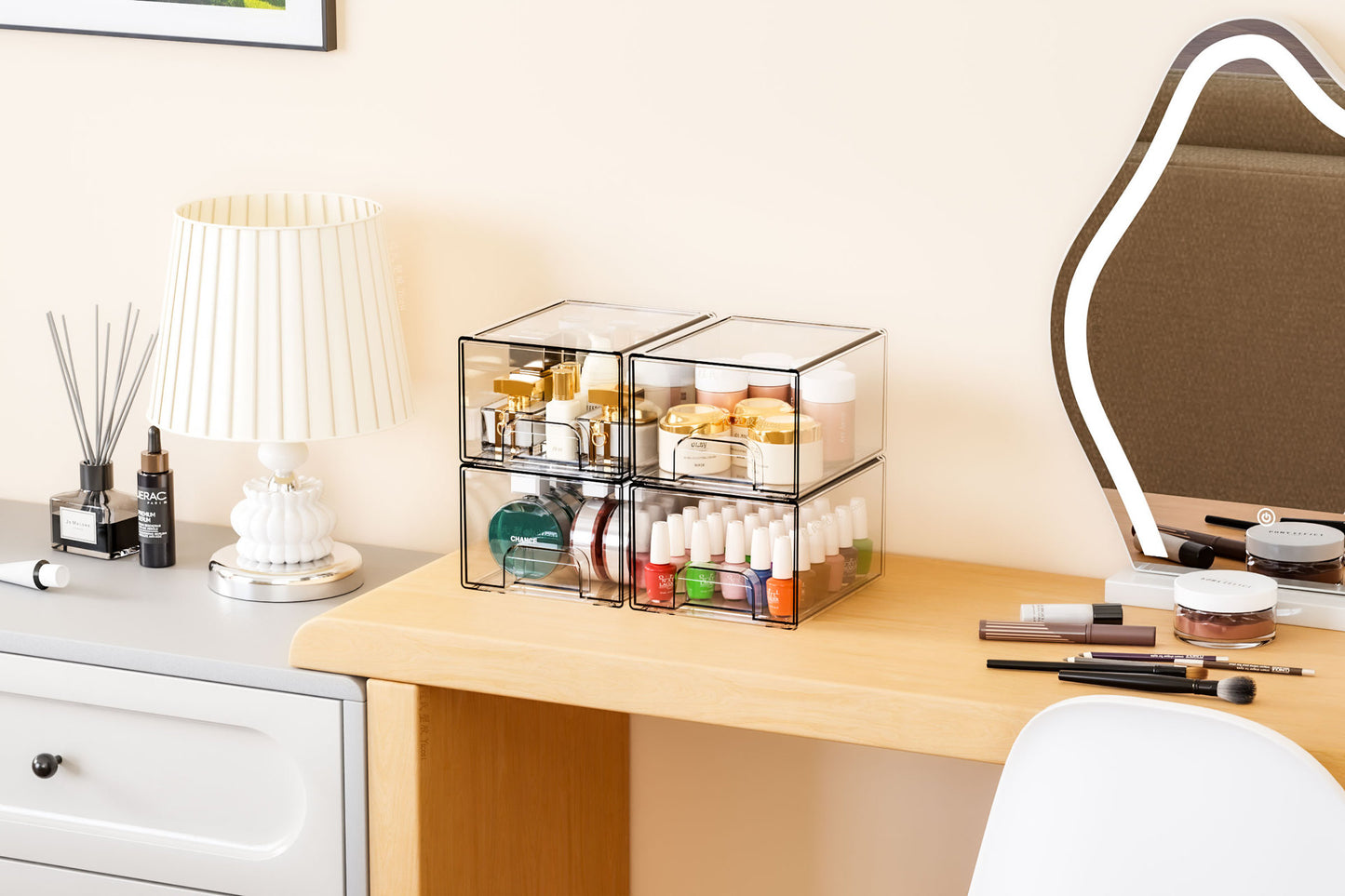 2-Pack Stackable PET Clear Makeup Organizer Drawers - Multi-Purpose Desktop Storage Case for Cosmetics, V888-ELOSUNG18469