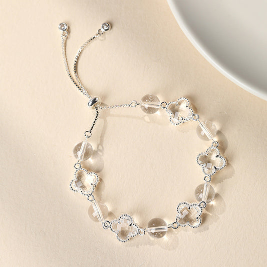 Natural Clear White Crystal Four-Leaf Clover Bracelet - Elegant Adjustable Silver-Tone Bolo Jewelry for Women V888-ELOSUNG18470