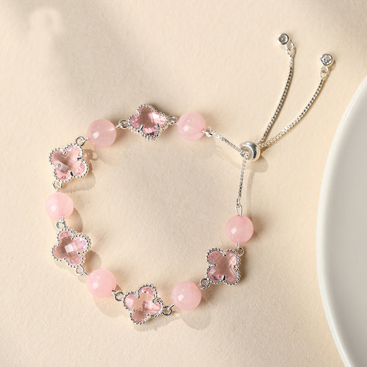 Natural Pink Crystal Four-Leaf Clover Bracelet - Elegant Adjustable Silver-Tone Bolo Jewelry for Women - V888-ELOSUNG18472