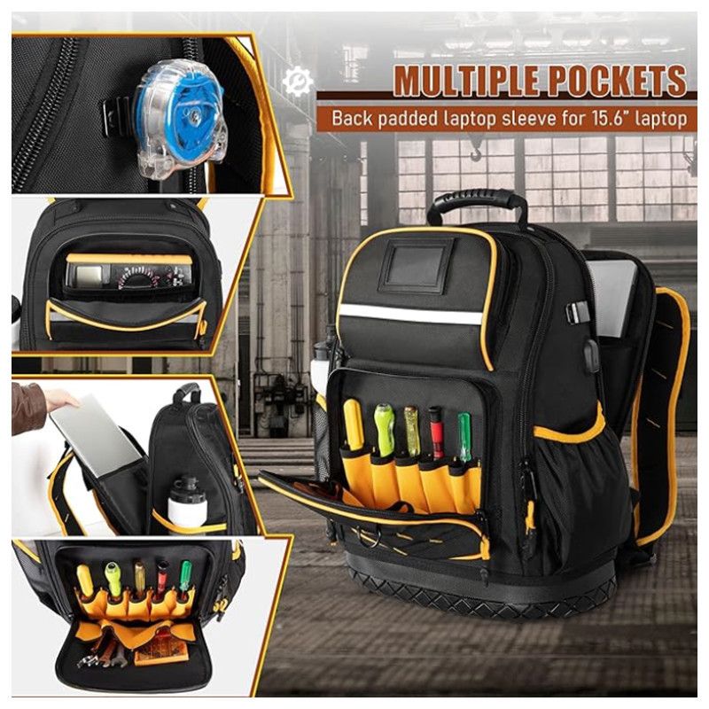 Heavy Duty Professional Tool Backpack - 18 Inch Large Capacity - Waterproof Solid Rubber Base, Multi-Pocket V888-ELOSUNG18539