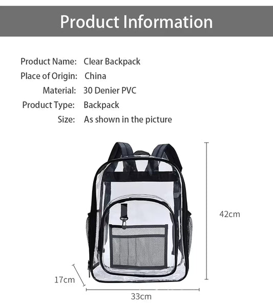 Black Clear PVC School Bag Heavy Duty Security Travel Daypack with Organised Storage and Multi Size Options V888-ELOSUNG18553