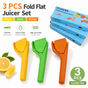 Manual Citrus Juicer 3 Piece Fold Flat Lemon Squeezer Set - Handheld Plastic Fruit Press, Space Saving Easy Clean Kitchen Juicer for Lemon, Lime and Orange