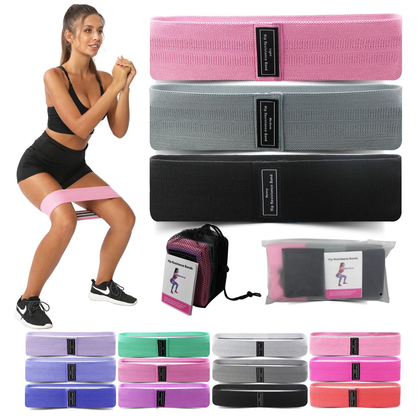 Blue Colour Scheme Fabric Resistance Bands Set - 3 Levels Non-Slip Hip Bands for Strength Training V888-ELOSUNG19051