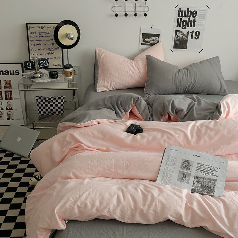 Pink-grey 1.5m Bed Fitted Sheet Set with 200x230cm Duvet Cover - 4-Piece Bedding Set V888-ELOSUNG19084
