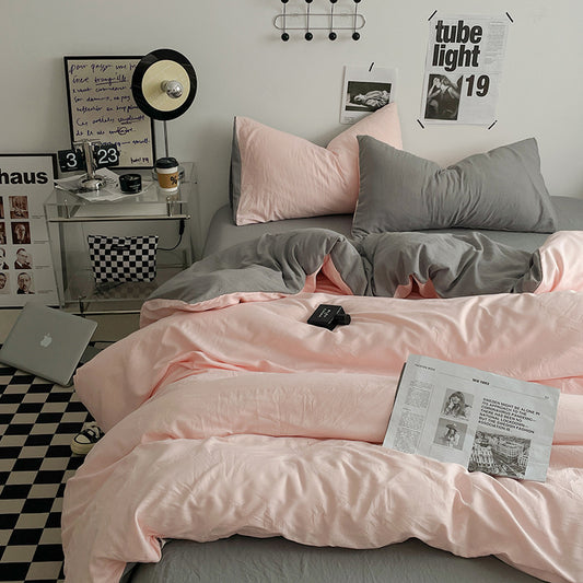 Pink-grey 1.5m Bed Fitted Sheet Set with 200x230cm Duvet Cover - 4-Piece Bedding Set V888-ELOSUNG19084
