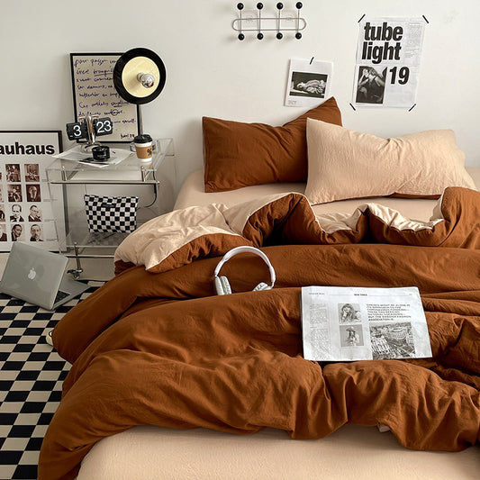 Brown 1.5m Bed Fitted Sheet Set with 200x230cm Duvet Cover - 4-Piece Bedding Set V888-ELOSUNG19088