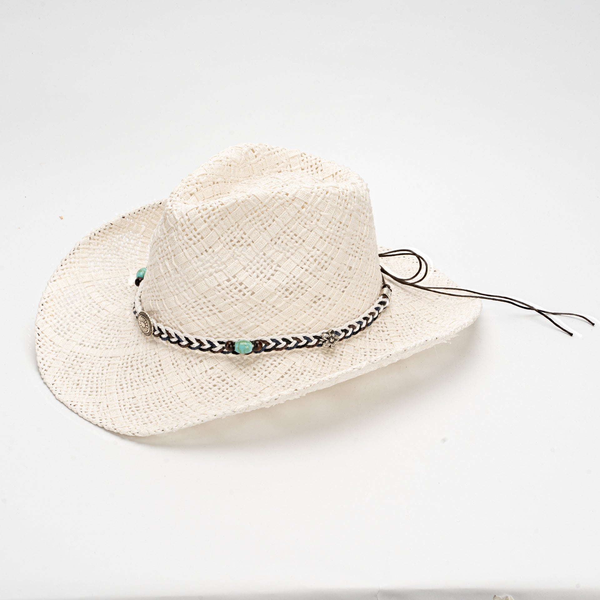 White Handmade Straw Cowboy Hat, Summer Sun Hat, Outdoor Sun Protection, Fits Head Size 58-59cm V888-ELOSUNG19216