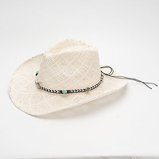 White Handmade Straw Cowboy Hat, Summer Sun Hat, Outdoor Sun Protection, Fits Head Size 58-59cm V888-ELOSUNG19216