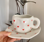 White Background Little Heart 300ML Underglaze Hand-Pinched Cup and Saucer Set - Ceramic Coffee Mug Milk Cup V888-ELOSUNG19230