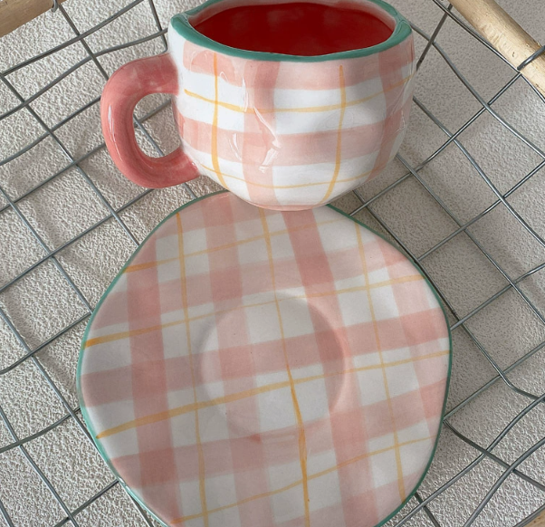 White Background Little Heart 300ML Underglaze Hand-Pinched Cup and Saucer Set - Ceramic Coffee Mug Milk Cup V888-ELOSUNG19230