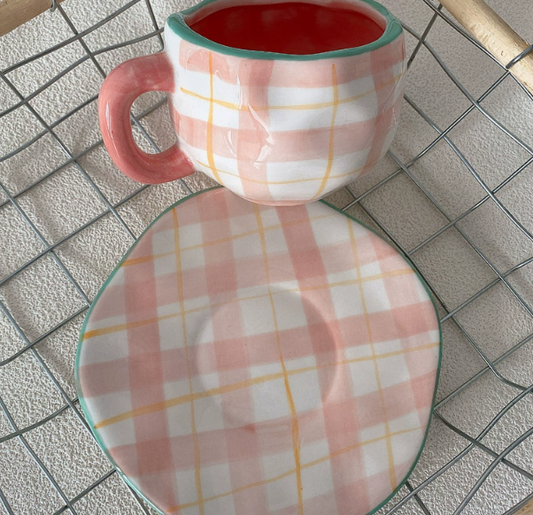 White Background Little Heart 300ML Underglaze Hand-Pinched Cup and Saucer Set - Ceramic Coffee Mug Milk Cup V888-ELOSUNG19230