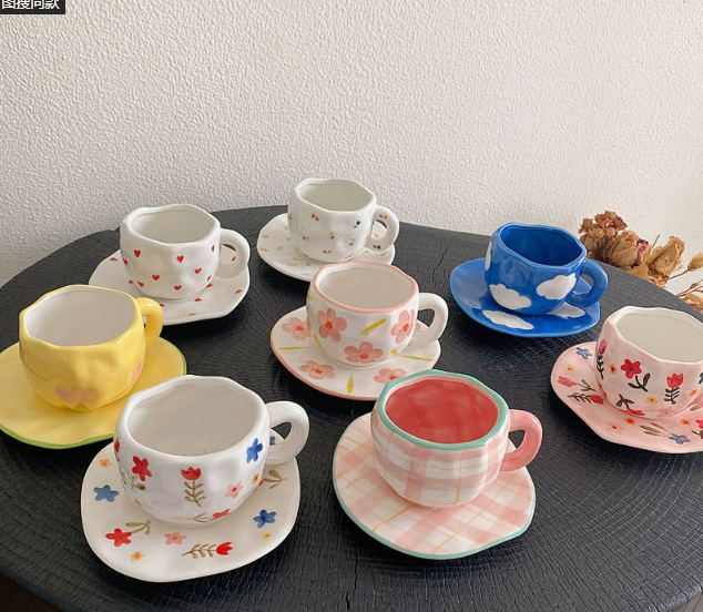White Background Little Heart 300ML Underglaze Hand-Pinched Cup and Saucer Set - Ceramic Coffee Mug Milk Cup V888-ELOSUNG19230