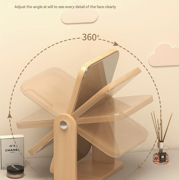 Square Rotating Mirror Tabletop Makeup Mirror - Large Wooden Swivel Vanity Mirror for Desk V888-ELOSUNG19439