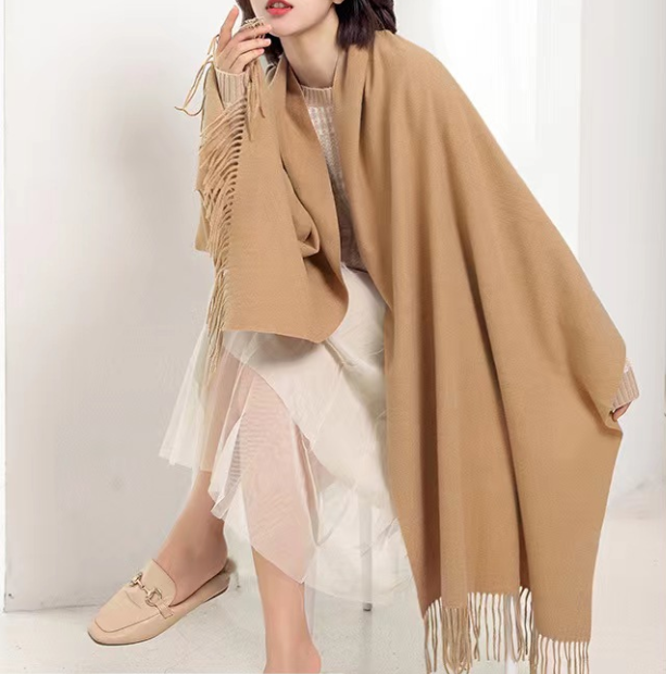 Sky Blue 2 PCS Skin Red Solid Color Scarf Shawl with Tassels - Warm Korean Style Wrap (180cm x 70cm) V888-ELOSUNG19644