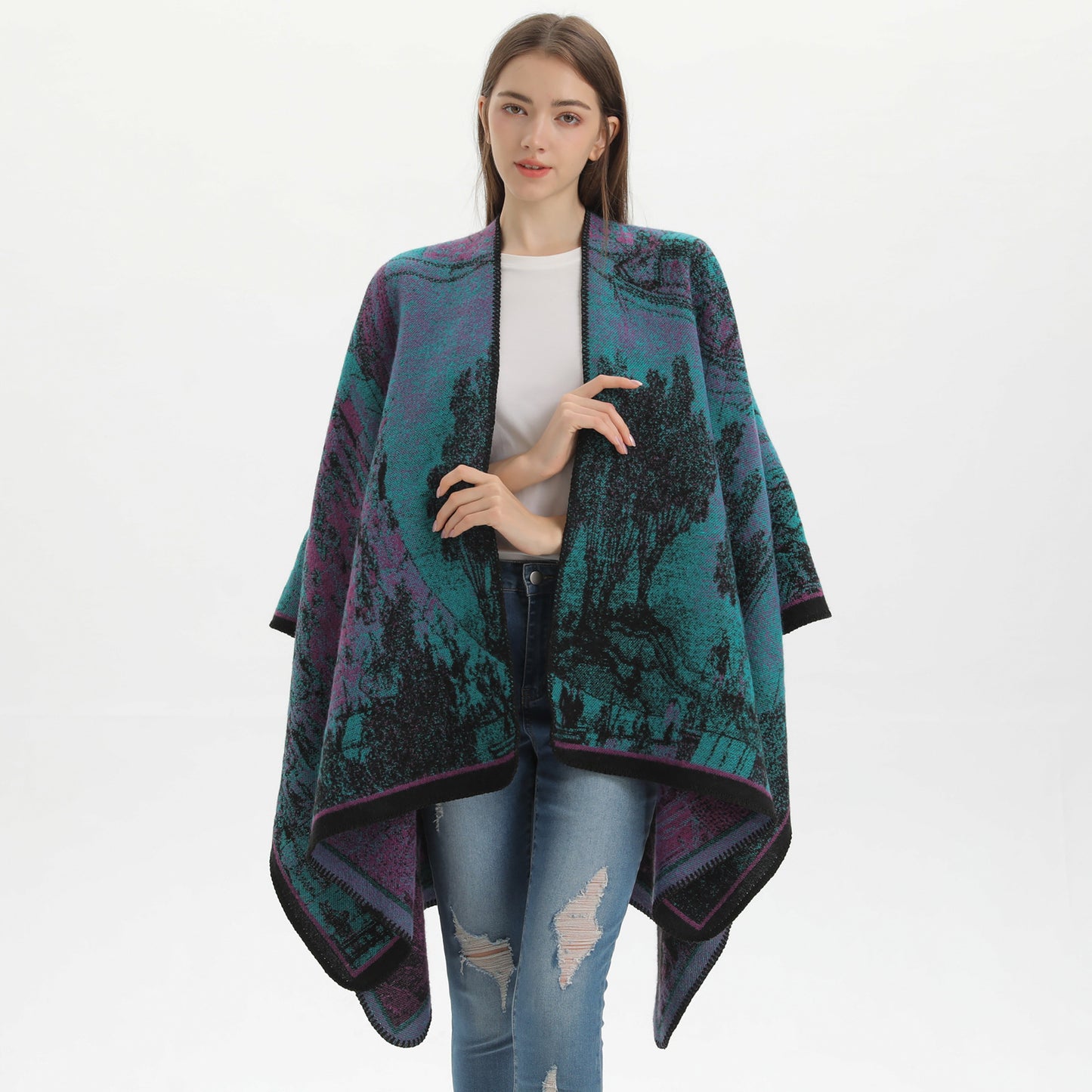 Red Elegant Autumn Winter Shawl - Artistic Split-Design Knit Cloak with Oil Painting Style V888-ELOSUNG19666