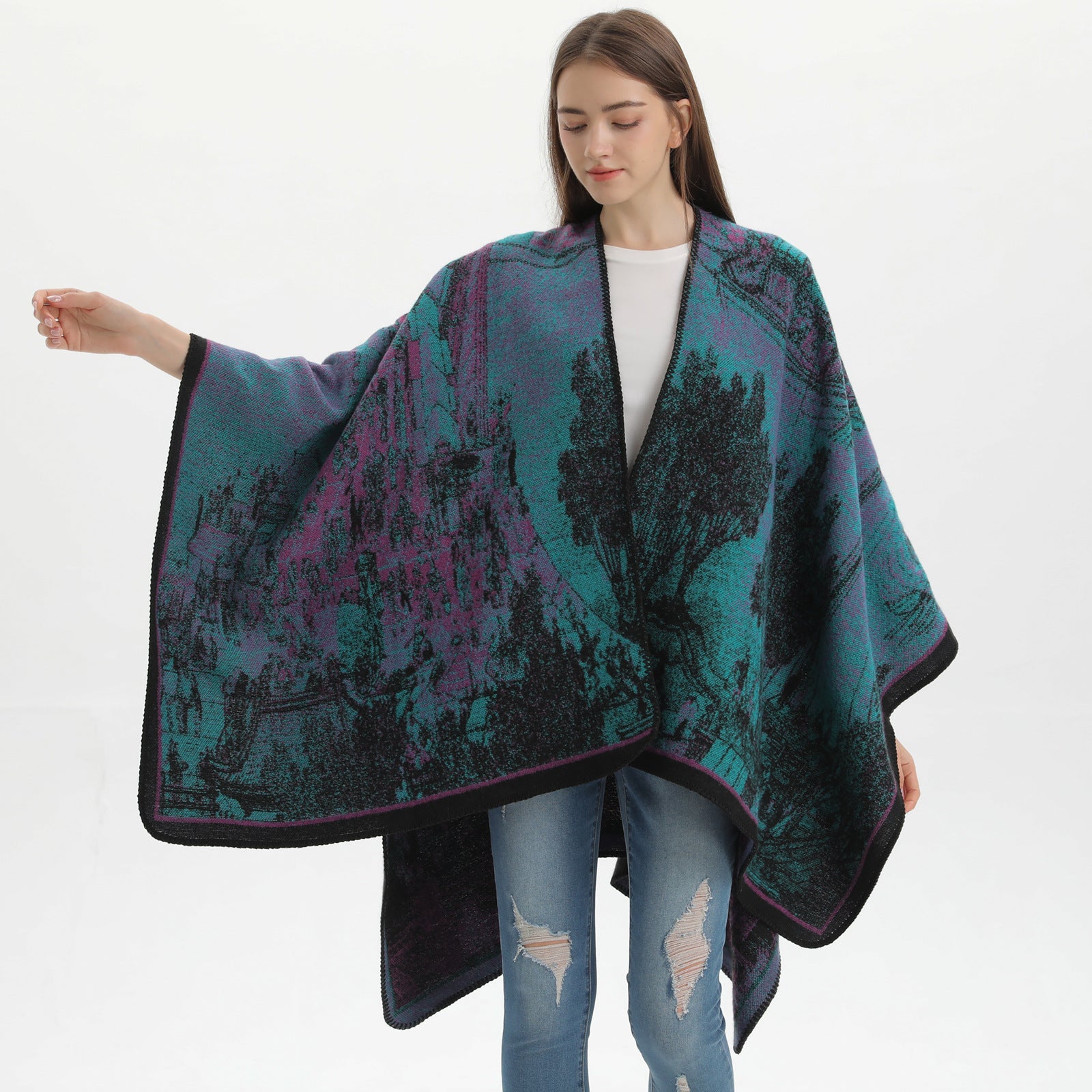 Red Elegant Autumn Winter Shawl - Artistic Split-Design Knit Cloak with Oil Painting Style V888-ELOSUNG19666