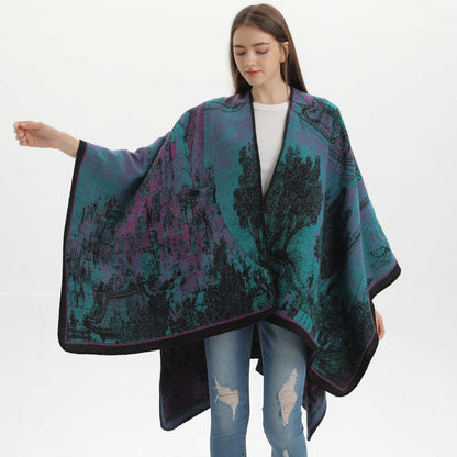 Red Elegant Autumn Winter Shawl - Artistic Split-Design Knit Cloak with Oil Painting Style V888-ELOSUNG19666