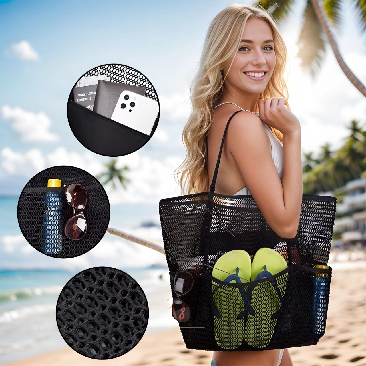 Brown Double Layer Mesh Beach Bag - Large Capacity V888-ELOSUNG19840