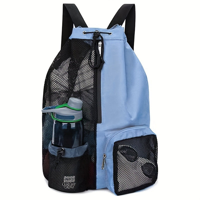 Blue Mesh Drawstring Swim Backpack with Wet Bag - Durable Beach Gym Bag for Wet Gear V888-ELOSUNG19872