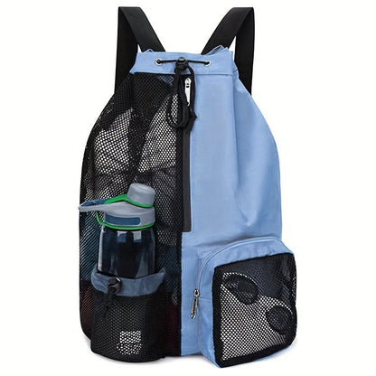 Blue Mesh Drawstring Swim Backpack with Wet Bag - Durable Beach Gym Bag for Wet Gear V888-ELOSUNG19872