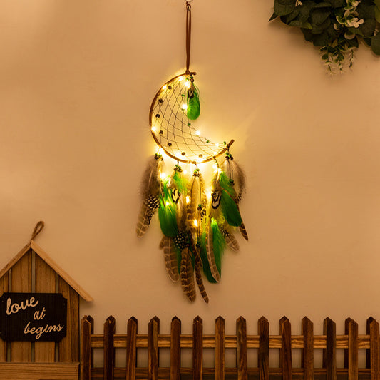 Crescent With Lights Boho Forest Dreamcatcher Wind Chime Pendant - INS Style Moonlit Serenity Decor V888-ELOSUNG19928