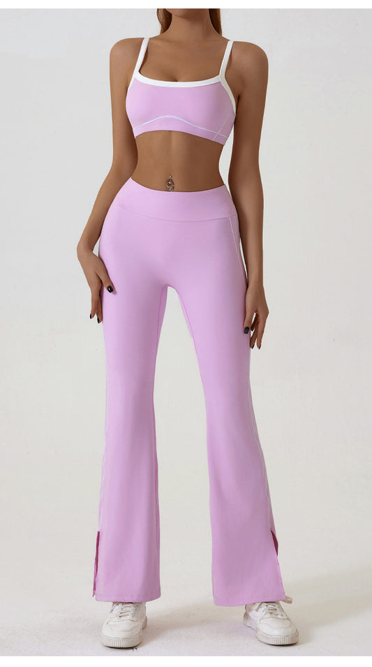 Pink Flared Leggings & Sports Bra Set - Breathable & Stretchy Activewear for Yoga, Running & Gym Workouts V888-ELOSUNG20094