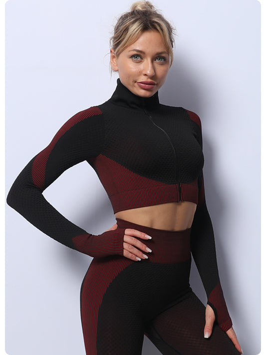Elegant purple High Waist Yoga Set for Women - Sports Bra, Long Sleeve Shirt & Leggings 3-Piece Workout Set V888-ELOSUNG20226