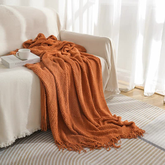 Orange Premium Woven Knitted Throw Blanket with Tassels | Soft, Cozy Sofa & Bed Blanket, Perfect for Office V888-ELOSUNG20352