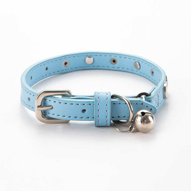 3 pcs Light blue Stylish PU Leather Pet Collar - Anti-Loss, Puppy Bell, Star & Moon Design Width 1.2cm Total V888-ELOSUNG20458