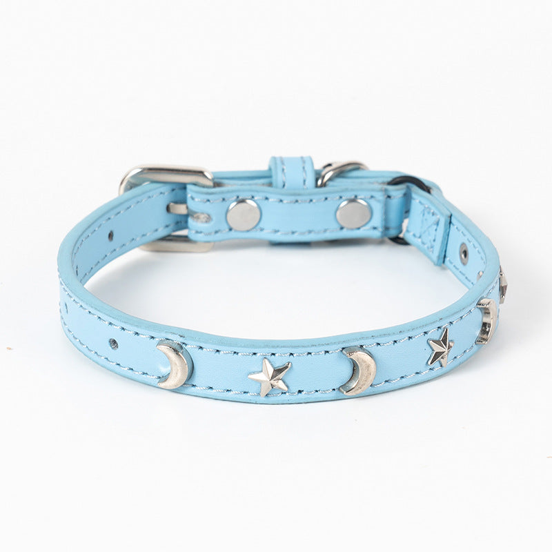 3 pcs Light blue Stylish PU Leather Pet Collar - Anti-Loss, Puppy Bell, Star & Moon Design Width 1.2cm Total V888-ELOSUNG20458