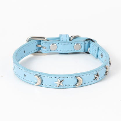 3 pcs Light blue Stylish PU Leather Pet Collar - Anti-Loss, Puppy Bell, Star & Moon Design Width 1.2cm Total V888-ELOSUNG20458