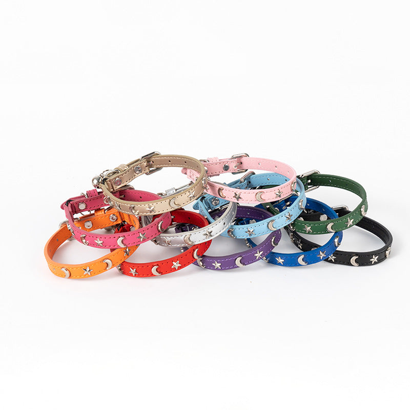 3 pcs Light blue Stylish PU Leather Pet Collar - Anti-Loss, Puppy Bell, Star & Moon Design Width 1.2cm Total V888-ELOSUNG20458