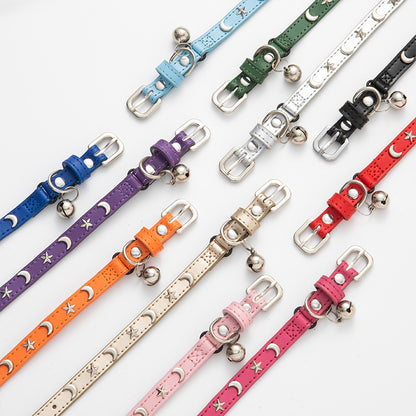 3 pcs Light blue Stylish PU Leather Pet Collar - Anti-Loss, Puppy Bell, Star & Moon Design Width 1.2cm Total V888-ELOSUNG20458