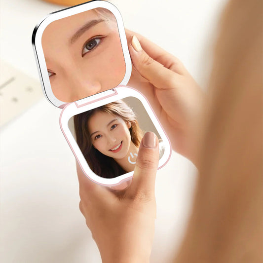 Black LED Makeup Mirror with Light - Portable Folding USB Rechargeable Compact Mirror with 3 Color Lighting V888-ELOSUNG20737