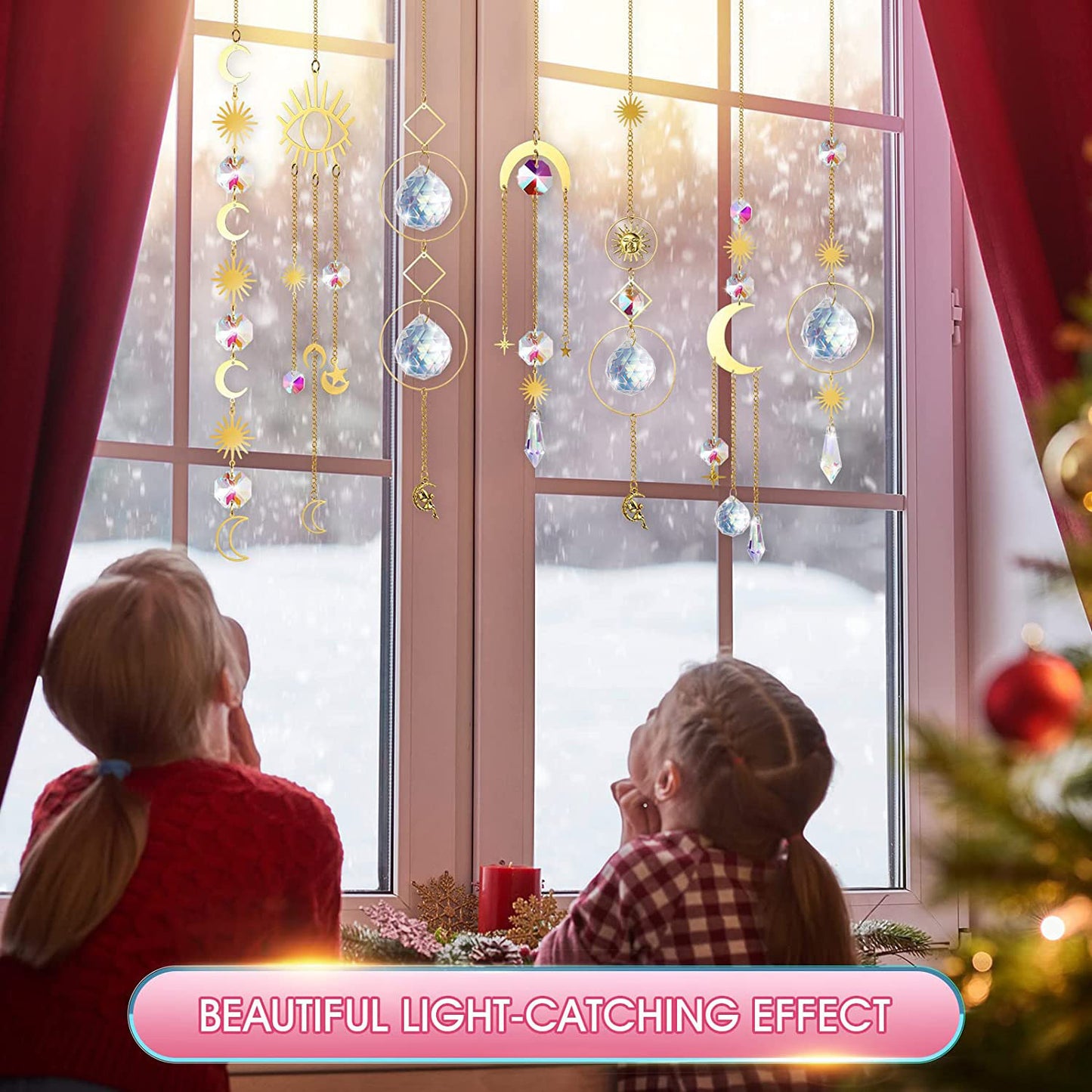 (Style 1) 4 pcs Crystal Wind Chimes-Sun Catcher Star Moon Dream Catcher for Window 30cm V888-ELOSUNG20894
