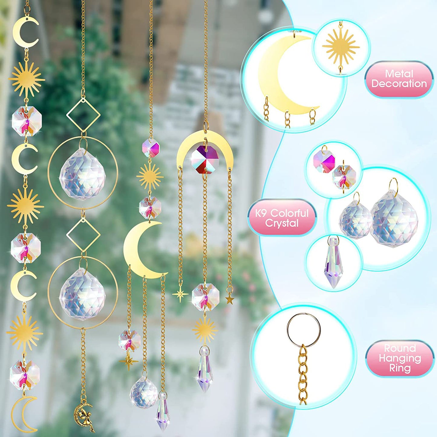 (Style 1) 4 pcs Crystal Wind Chimes-Sun Catcher Star Moon Dream Catcher for Window 30cm V888-ELOSUNG20894