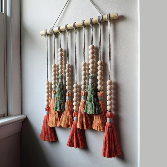 Colorful Tassel Wall Hanging-Wooden Beads Boho Tapestry Home Decor (Daylily red) V888-ELOSUNG20900