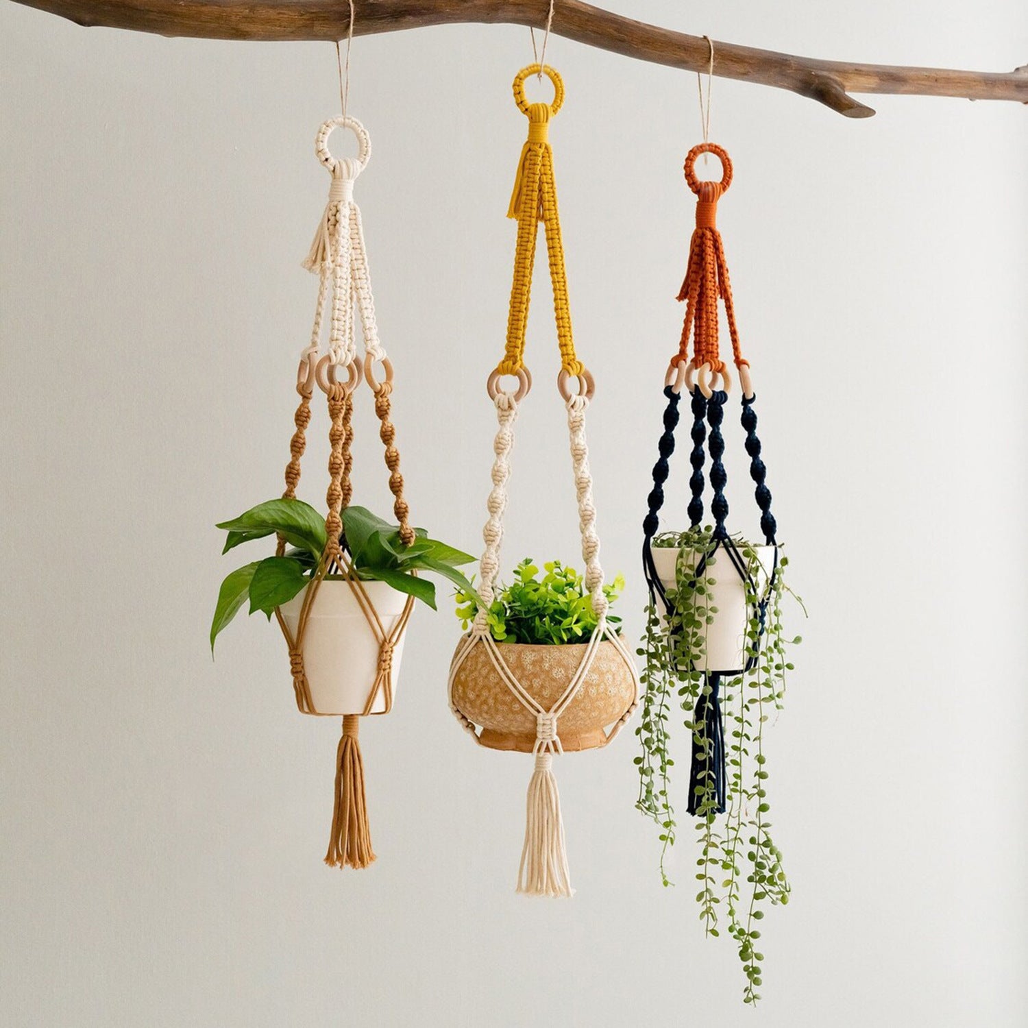 3 pcs Handwoven Plant Hanger-Cotton Rope Hanging Planter with Wooden Rings V888-ELOSUNG20907